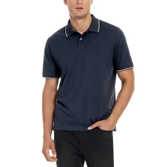 NEW Ted Baker Men's L Short Sleeve Polo Shirt Navy Blue 100% Cotton Pattern - Picture 1 of 7